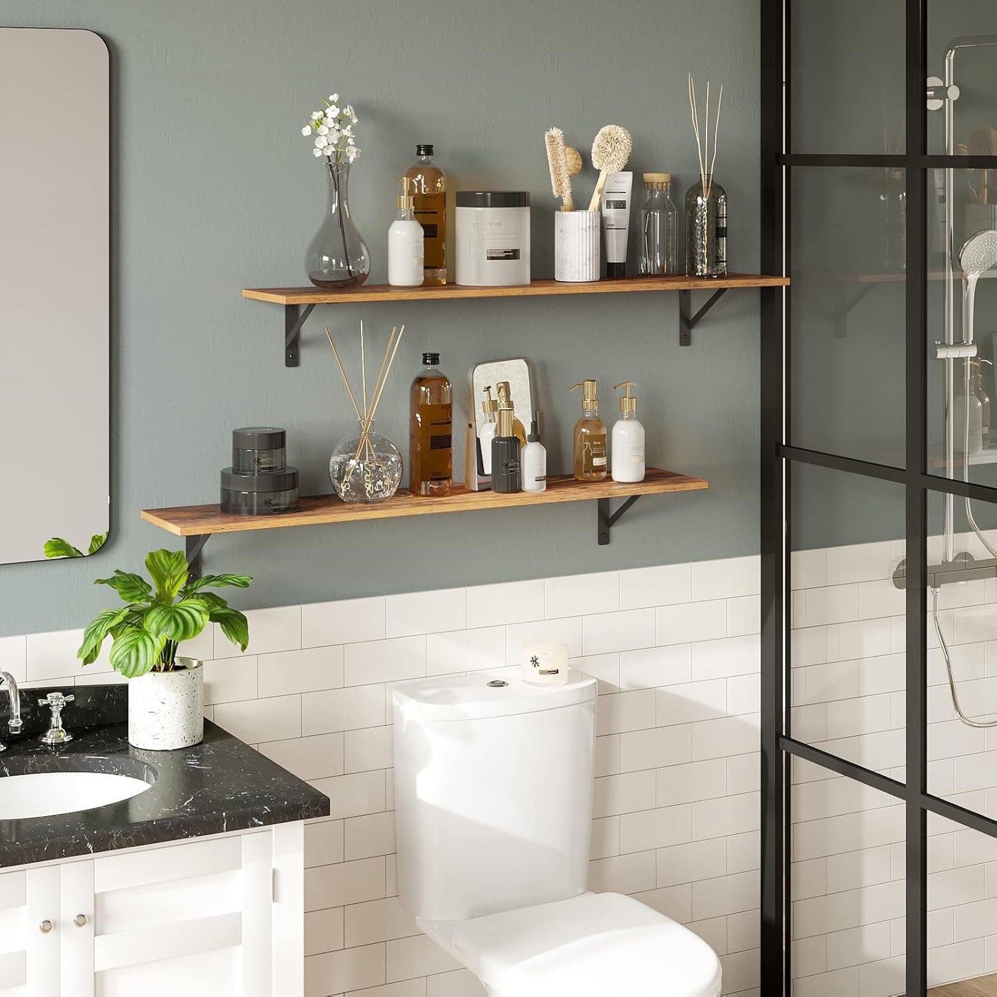 DINZI LVJ Long Wall Shelves, 39.4Inch Wall Mounted Shelves Set of 2, Easy-to-Install, Wall Storage Ledges with Sturdy Metal Brackets for Living Room, Bathroom, Bedroom, Kitchen, Rustic Brown