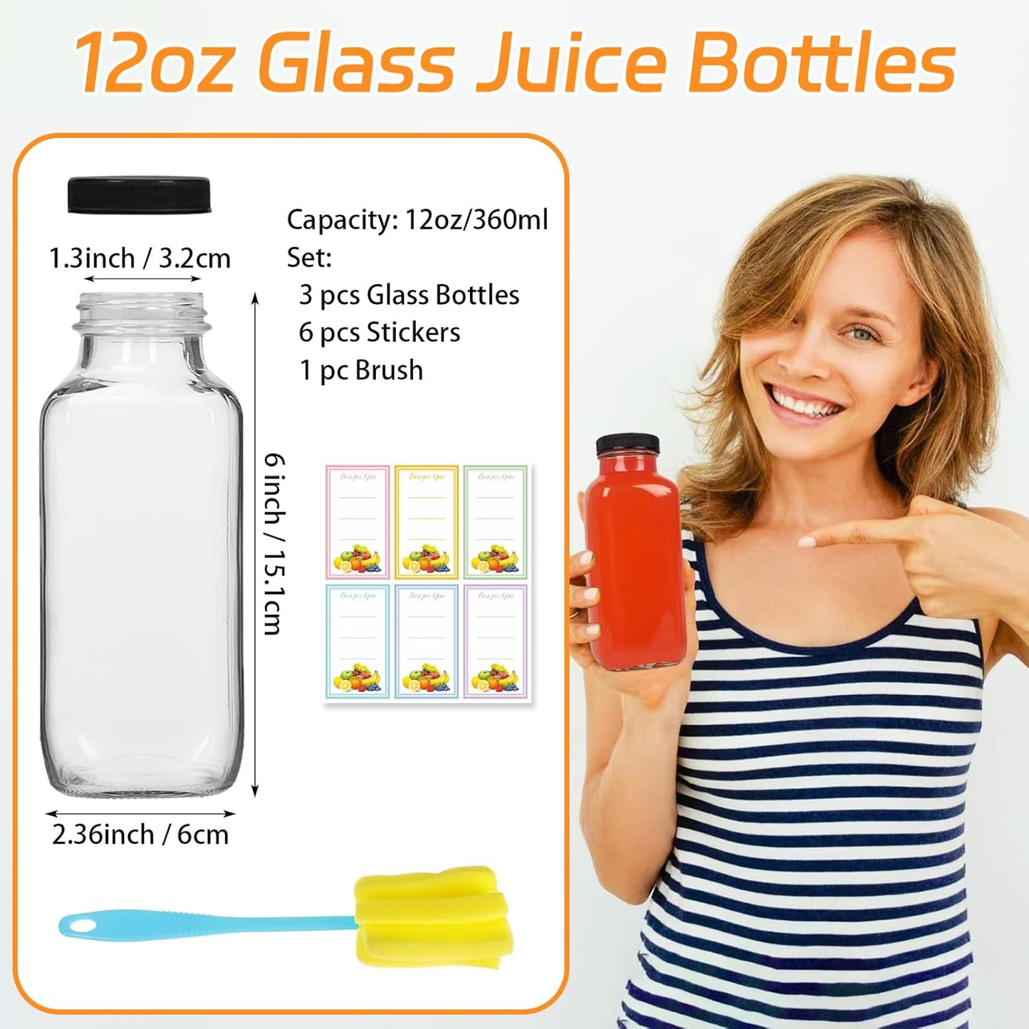 3 Pack 12oz Glass Drink Bottles with Lids, 360ml Vintage Glass Water Bottles with Caps, Reusable Juice Containers Drinking Jars for Juicing, Milk, Ginger, Kombucha, Beverage