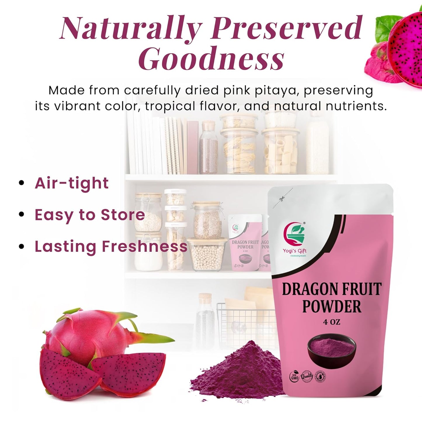 Dragon Fruit Powder 4oz, 100% Pure & Natural Pink Pitaya Powder, Premium Quality, For Smoothies, Baking, Tea, Natural Food Coloring and Flavoring - By Yogi’s Gift®