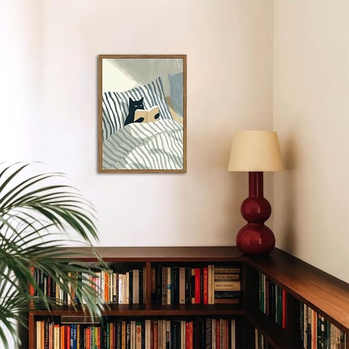 Funny Black Cat Wall Art Painting, Whimsical Cat in Stripe Bed Reading Wall - Image 5