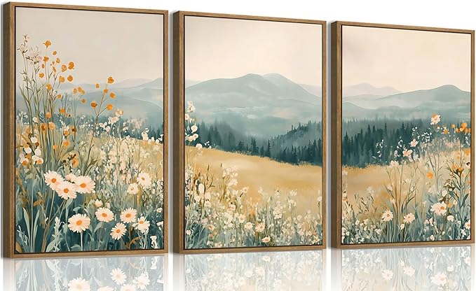 KISSFOX 3 Piece Framed Wall Art Floral Wall Decor Landscape Pictures Mountain by KISSFOX
