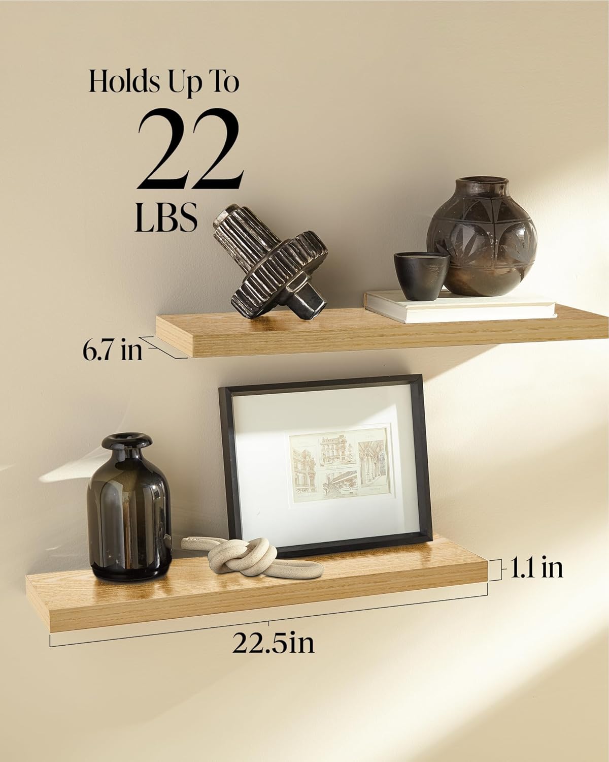 BAYKA Floating Shelves, 22.5" Rustic Wood Wall Mounted Shelves Bathroom, Bedroom, Living Room, Kitchen, Hanging Shelf for Books/Storage/Decor (Oak-Toned,Set of 2)