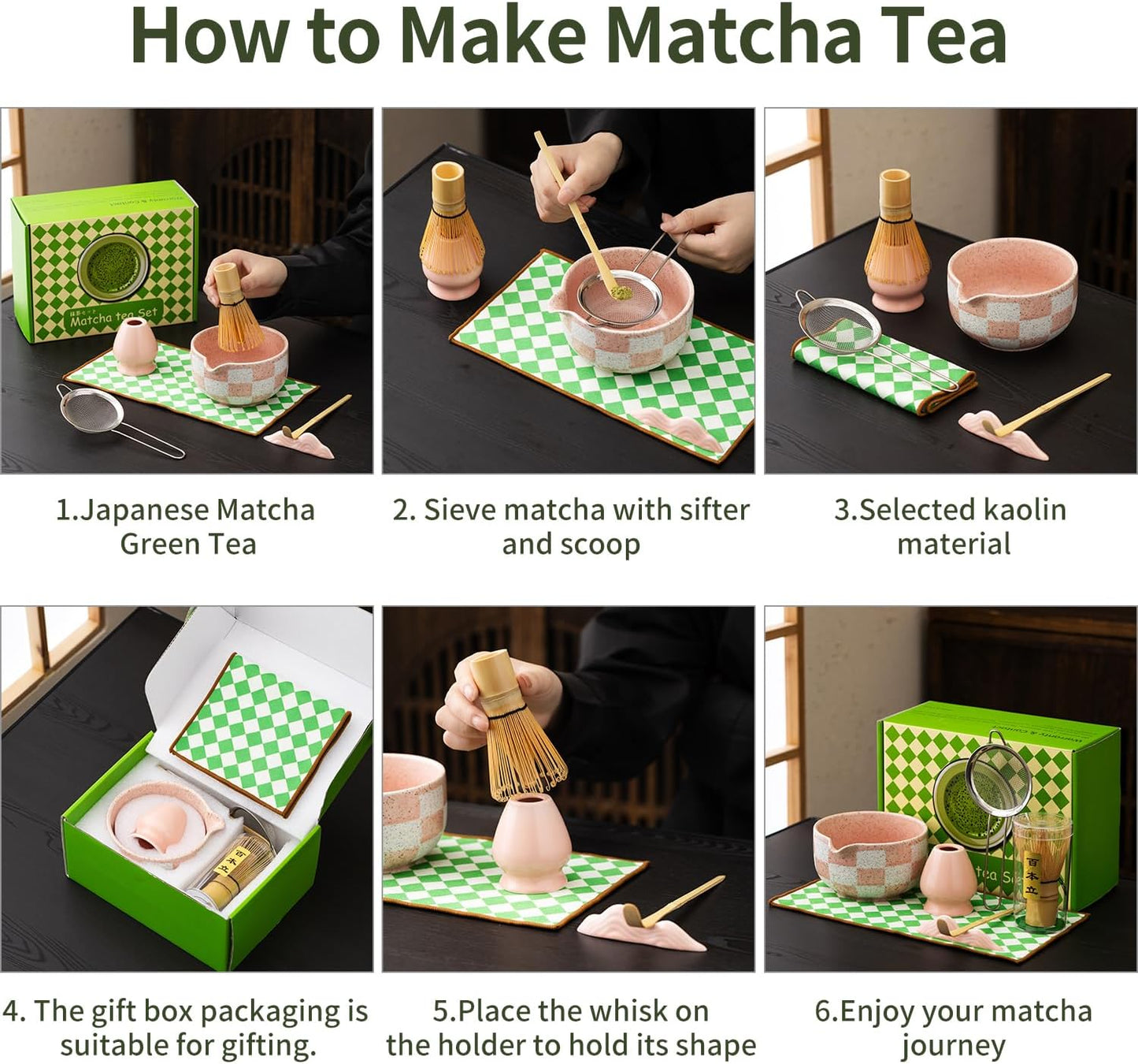 Premium 7-Piece Matcha Tea Set – Traditional Japanese Style with Elegant Grid Pattern, Includes Bamboo Whisk, Ceramic Bowl, Scoop & More – Perfect for Matcha Lovers & Tea Ceremony (Pink grid)