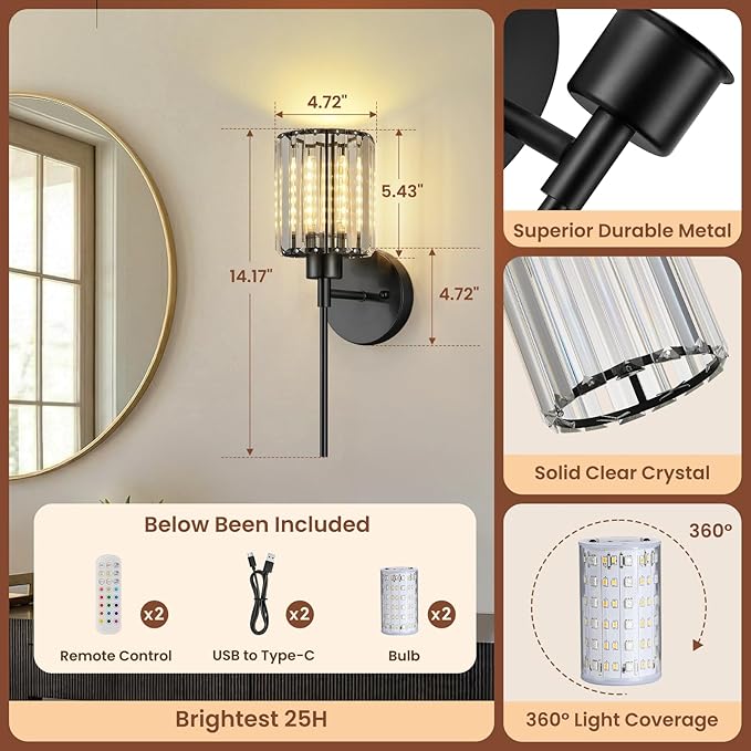 1- Pack Crystal Battery Operated Wall Sconces, Brushed Gold Rechargeable - Image 8
