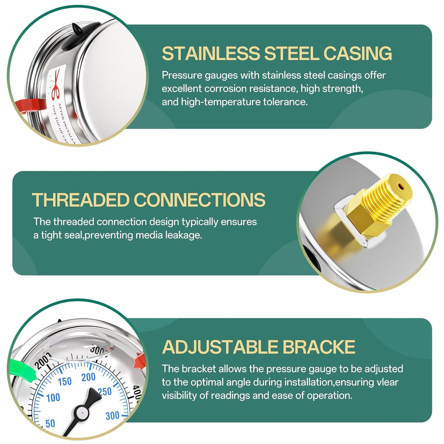 0-5000psi Stainless Steel Glycerin Liquid Filled Pressure Gauge 1/4" NPT 2.5" Face Dial Center Back Mount, for Water, Oil and Air Pressure Testing (with Range Mark Pointer)