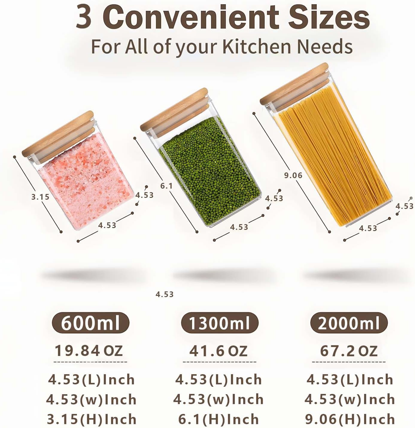 Square Storage Containers with Lids, Clear Food Storage Container Jar with Sealing Bamboo Lid for Noodles Flour Cereal Rice Sugar Tea Coffee Beans