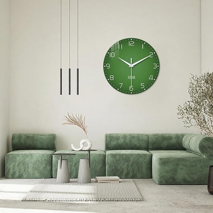 XNM Bedroom Clock Battery Operated Glass Minimalist Green Wall Clock 12 Inch - Image 2