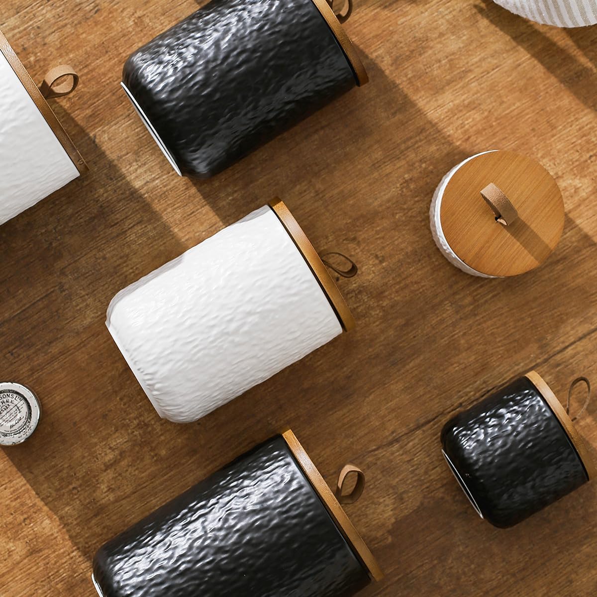 Black White Ceramic Coffee Canister Tea Canister with Seal Wood Lid, Airtight Coffee Storage Container for Coffee Bean, Ground Coffee, Sugar, Cookie Candy jar (White, 800ml)