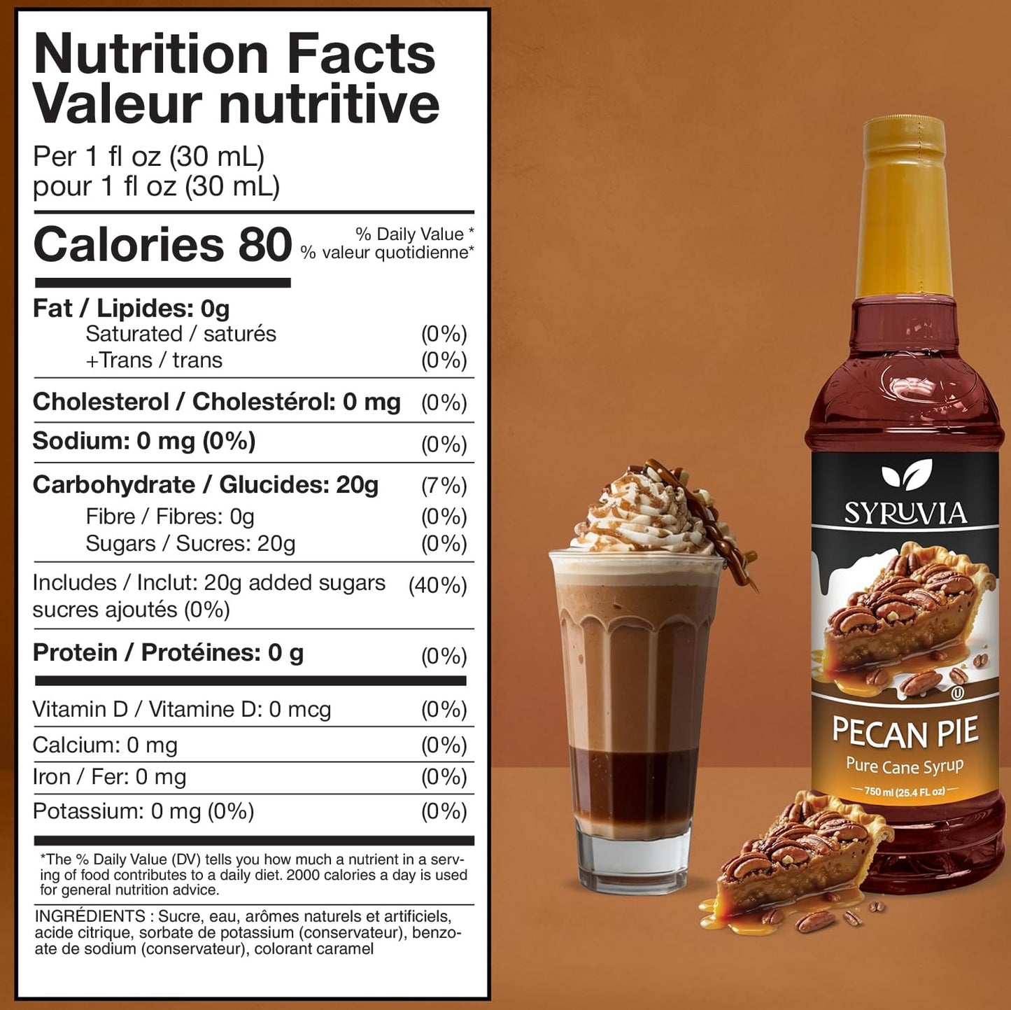 Syruvia Pecan Pie Syrup – 25.4 fl oz Syrup for Coffee, Lattes, Shakes, Smoothies, Desserts – 100% Vegan, Gluten Free, Kosher – Delicious Coffee Syrup