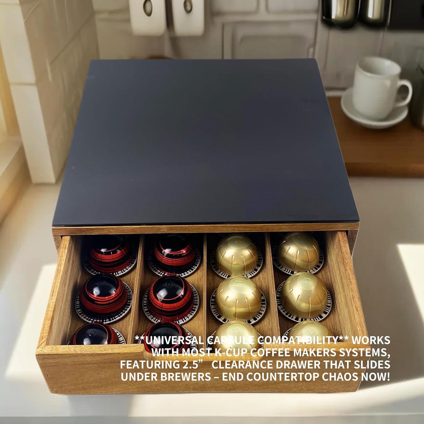 Tempered Glass and Natural Wood Coffee Pod Drawer Organizer - 20 Capsule Multifunctional K Cup Storage | Countertop Coffee Station Organizer for Home/Office (Black)