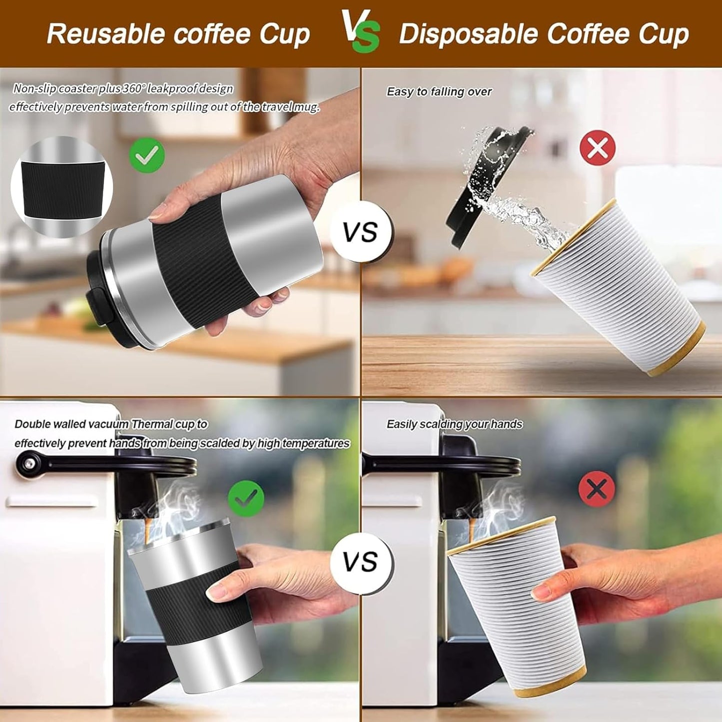 YINBAOGE Insulated Travel Coffee Mug Spill Proof Leak Proof Pobtable To Go Camping Stainless Steel Coffee Tumbler Reusable Coffee Cups with Lids Thermos for Hot and Cold Drink (Silver black, 17 OZ)