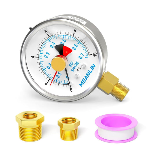 MEANLIN MEASURE 0~10Psi Stainless Steel 1/4" NPT 2.5" FACE DIAL with Reset Pointer Liquid Filled Pressure Gauge WOG Water Oil Air, Lower Mount, with Brass Hex Bushing