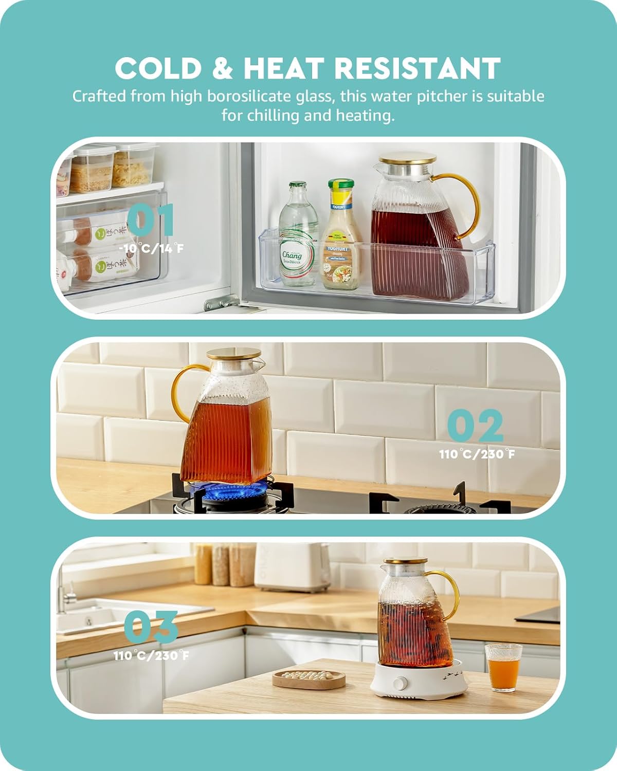 Baffect Water Pitcher, High Borosilicate Glass Jug with Stainless Steel Lid, Leakproof Fridge Door Carafe for Hot or Cold Beverage Vertical Pattern (1.8 L/63 oz.)