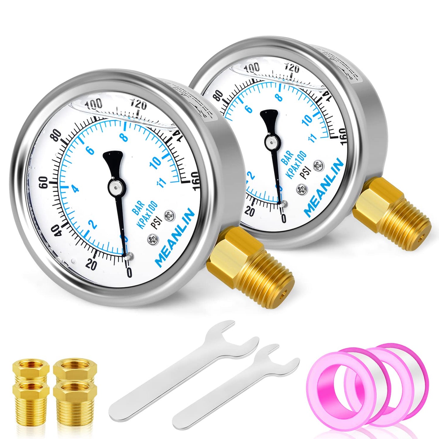 MEANLIN MEASURE 0~160Psi Stainless Steel 1/4" NPT 2.5" FACE DIAL Liquid Filled Pressure Gauge WOG Water Oil Air Lower Mount (Pack of 2), with 1/2" NPT and 3/8" NPT Hex Bushing