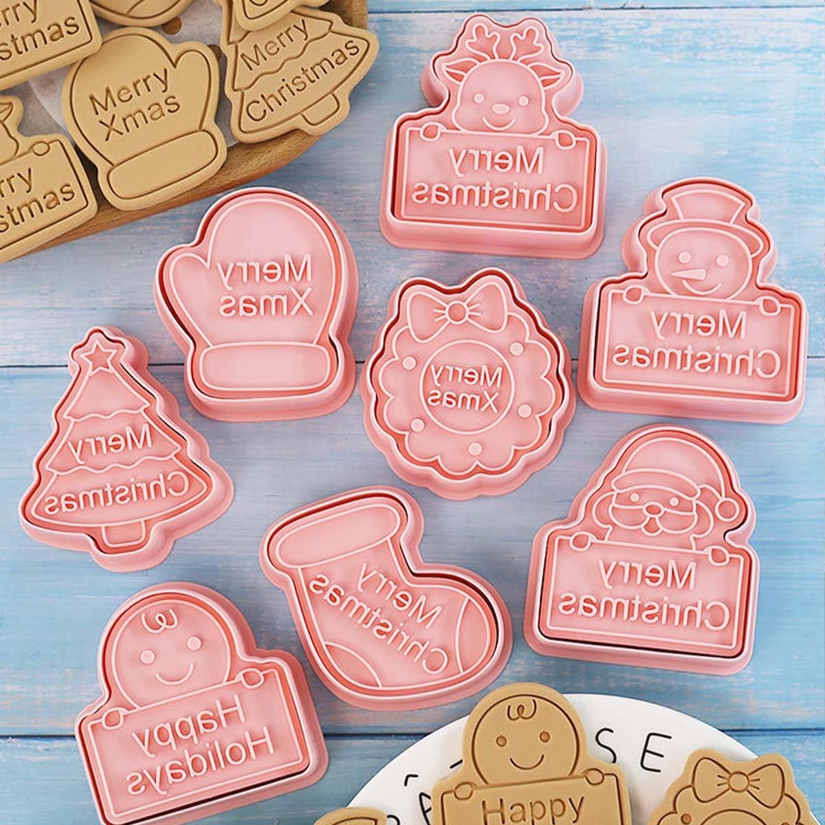 8 Piece Christmas Cookie Cutters, 3d Raised Design Gingerbread Cookie Stamps, Cookie Cutter Set suitable for Frosting Decoration, Mini Pie Molds, Apple Pie Pastry Biscuit Cutter (Christmas-F)