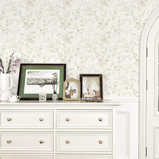 Ismoon Peel and Stick Wallpaper Floral Vintage Stick on Wall Paper Beige French - Image 7
