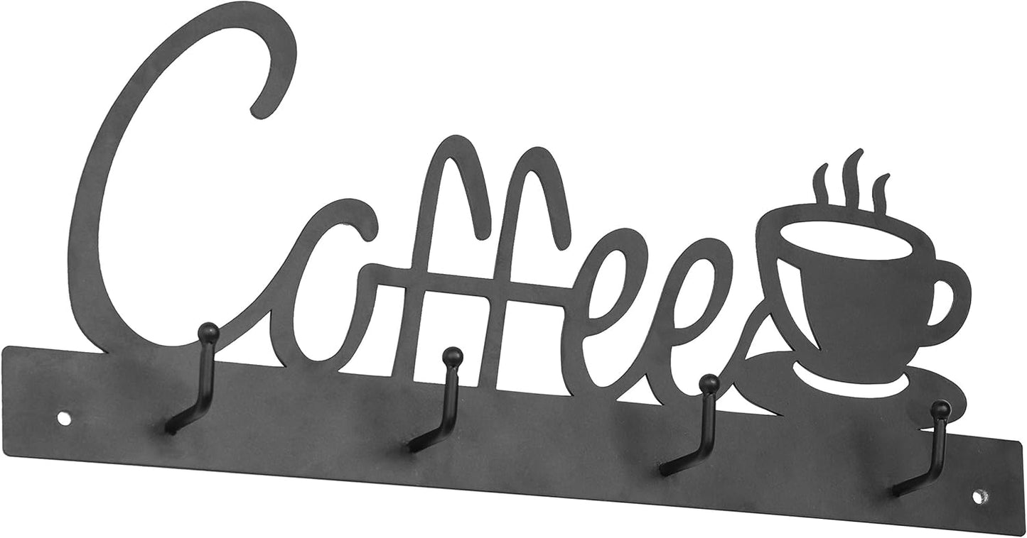 MyGift Black Metal Coffee Mug Rack Wall Mounted Holder with 4 Hooks and Coffee Word Sign and Cup Cutout Design