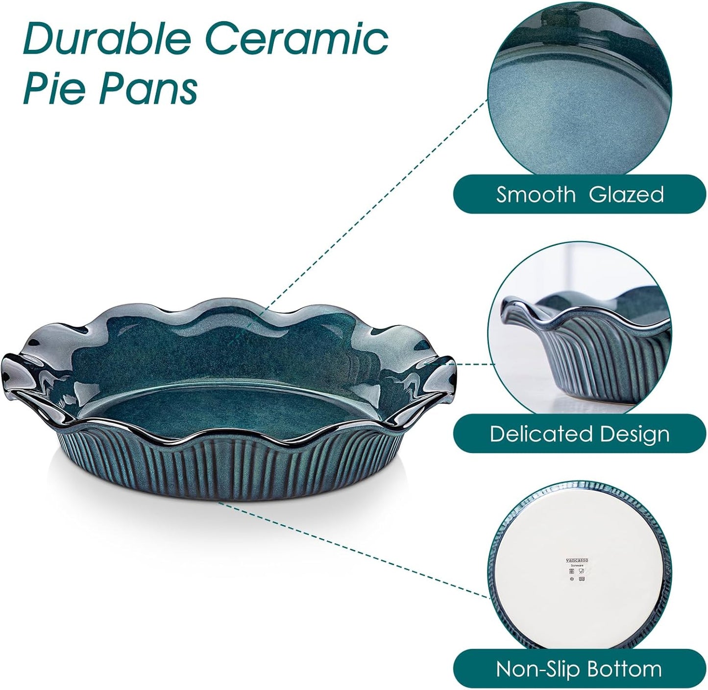 vancasso Stern Ceramic Pie Pan for Baking, 9 Inch Pie Plates with Ruffled Edge, Deep Dish Pie Pan for Apple Pie and Quiche, Large Pot Pie Baking Dishes, Thanksgiving Gifts - Green