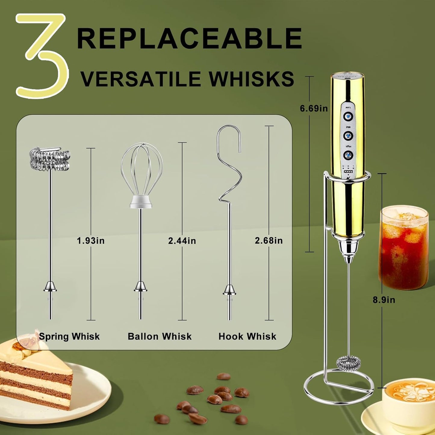 YUSWKO Champagne Gold Handheld Milk Frother Wand with Stand for Coffee, Rechargeable Electric Whisk with 3 Heads 3 Speeds Drink Mixer Coffee Frother For Latte, Cappuccino, Hot Chocolate, Egg