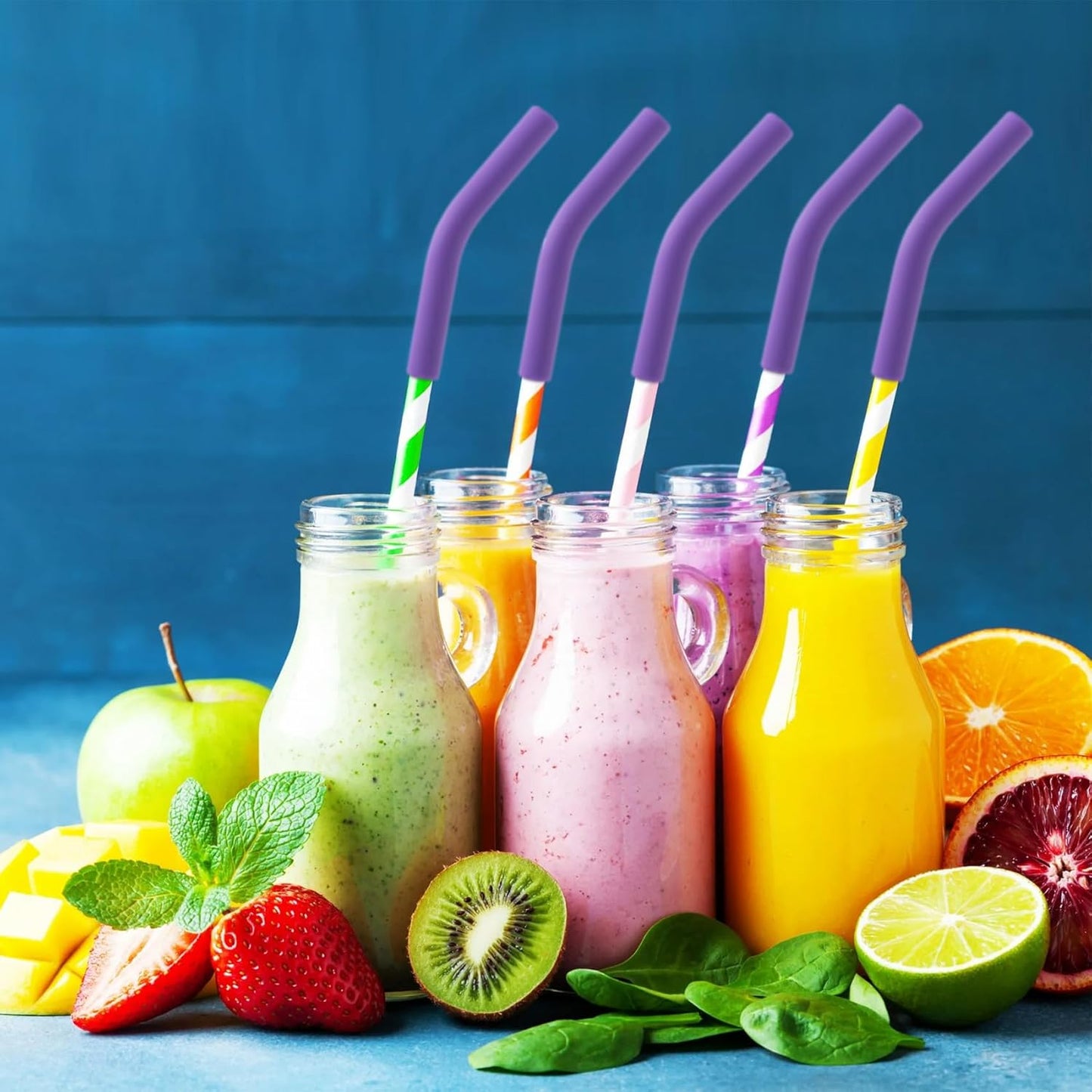 6pcs Food-Grade Silicone Metal Straw Tips, Reusable Flex Elbow Straws Cover Replacement Tips, Soft Straw Toppers Kits for 8 mm Stainless Steel Metal Straws - Dark Purple