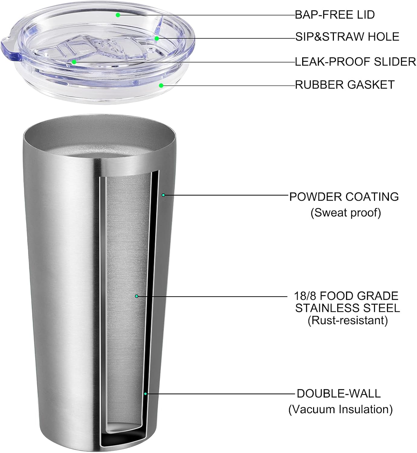 VEGOND 20oz Tumbler Bulk with Lid and Straw 6 Pack, Stainless Steel Vacuum Insulated Tumbler, Double Wall Coffee Cup Travel Mug, Stainless Steel