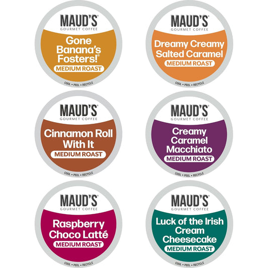 Maud's Sampler Variety Pack Coffee Pods, 24 ct, 6 Assorted Flavors, Medium Roast Flavored Coffee in Recyclable Single Serve Pods – 100% Arabica Beans, Compatible with Keurig K Cups Maker