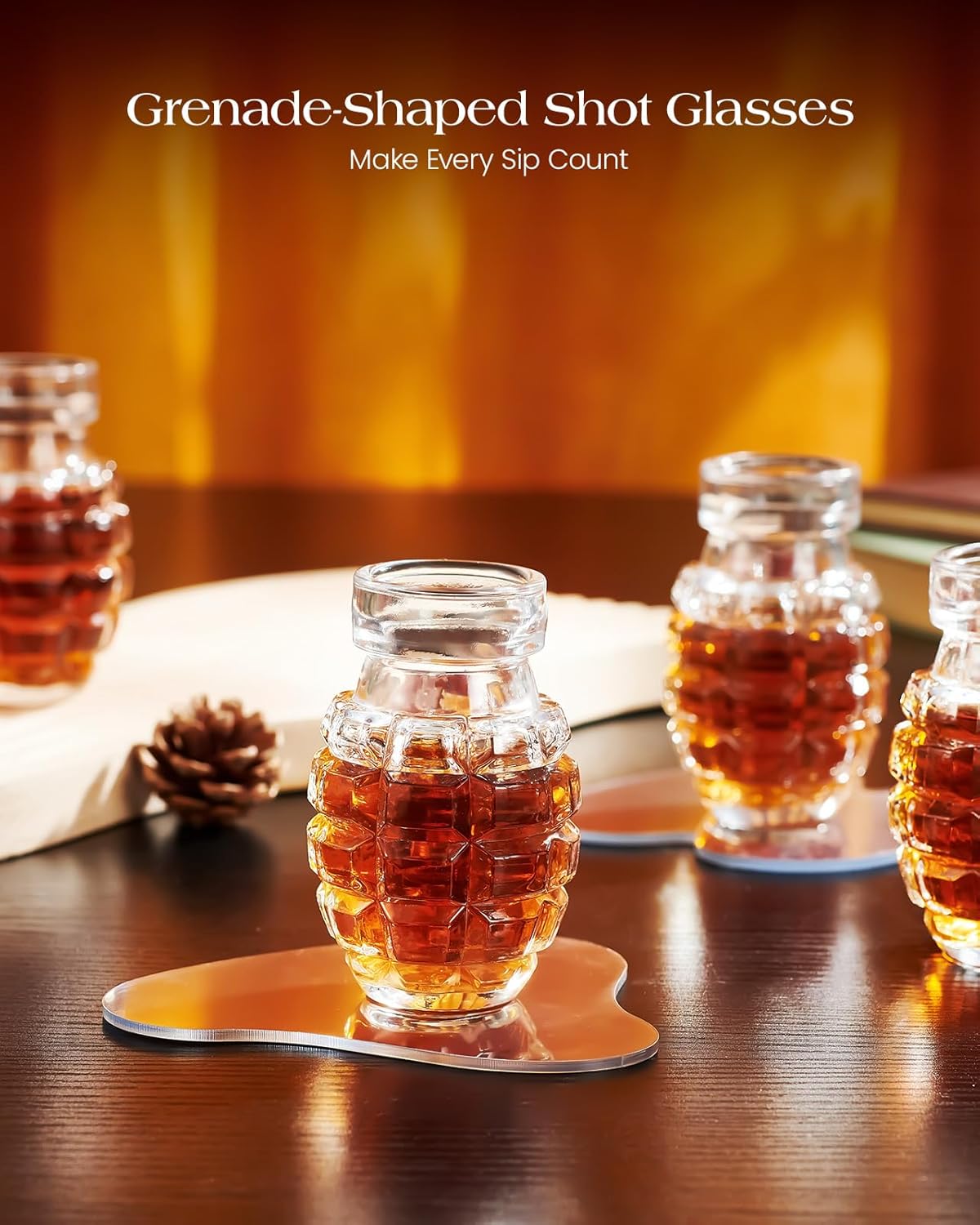 Kollea Grenade Shaped Shot Glass Set, Funny Shot Cups with Heavy Base for Whiskey, Tequila, Vodka, Liquor, 21st Birthday Gifts for Men Dad, Military Men Cave Decor, 3.7 Oz Bartender Accessories, 4 Pcs