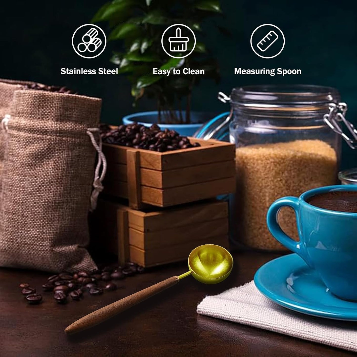 Coffee Spoon - Vintage Walnut Wood Handle, Stainless Steel Coffee Scoop ，Stainless Steel Tea Scoopand Seasoning Spoons (1, Gold, 5g Capacity)