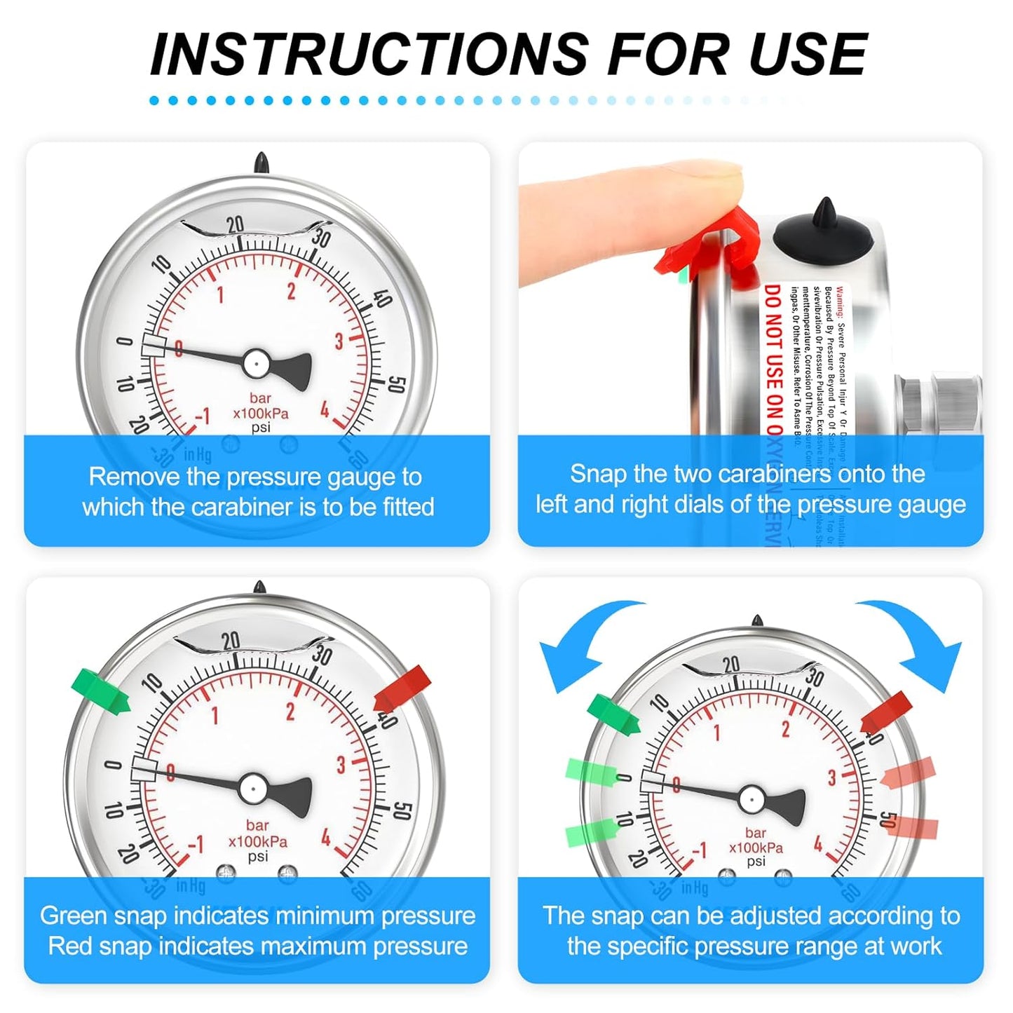 MEANLIN MEASURE -30inHG~60Psi Vacuum Pressure Gauge 316 Stainless Steel Joint 1/4" NPT 2.5" FACE DIAL, Stainless Steel Liquid Filled Pressure Gauge WOG Water Oil Air Back Mount, 2PCS Snaps