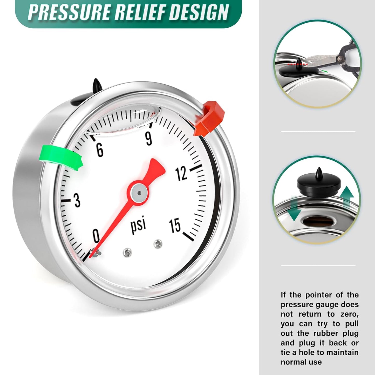 0-15psi Stainless Steel Glycerin Liquid Filled Pressure Gauge 1/8" NPT 1.5" Face Dial, Center Back Mount, for Water, Oil and Air Pressure Testing (with Range Mark Pointer)