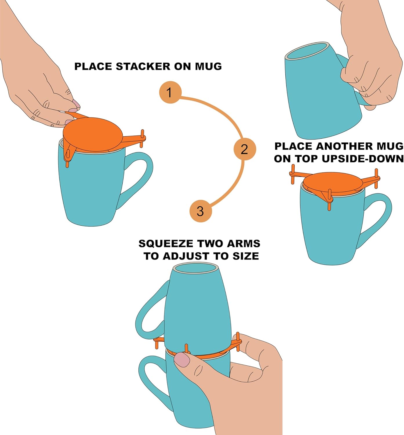 ELYPRO Mug Stacker 6-Pack – Coffee Mug Rack & Mug Organizer | Stackable Cup Holder for Coffee Bar & Kitchen, Under Cabinet Mug Holder – Space-Saving Mug Storage for Cabinets – Orange