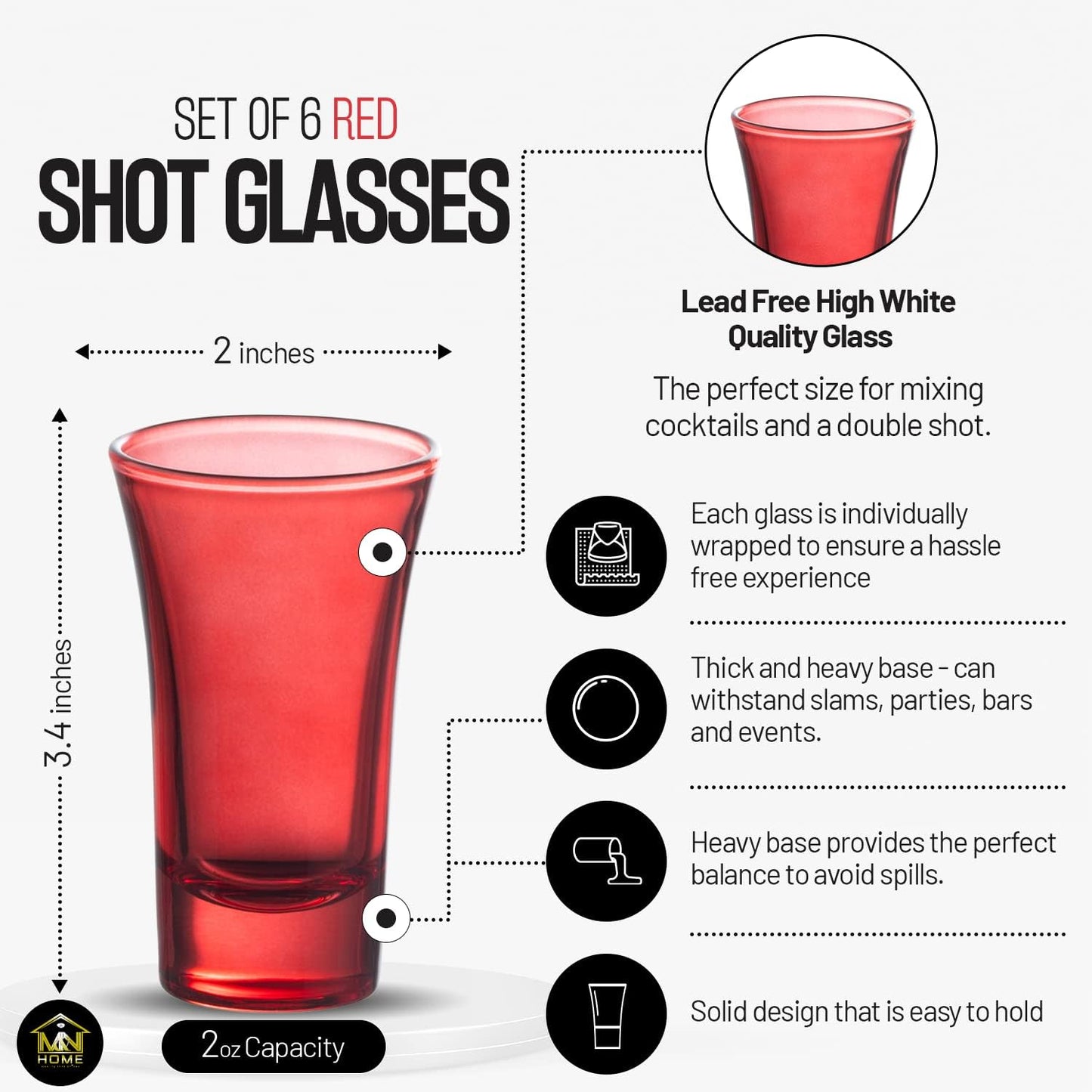 M&N HOME Red Shot Glasses, 2 Oz Set of 6 Glass Colored Shot Glasses with Heavy Base, Christmas Glasses