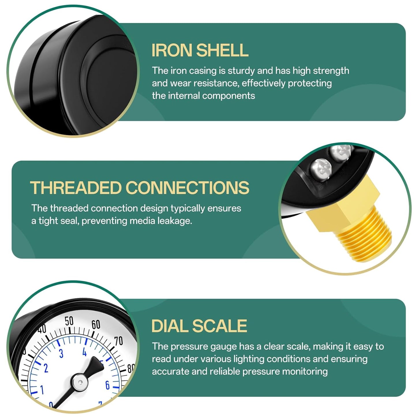 0-100psi Well Pump Pressure Gauge 1/4" NPT 2" Face Dial Size Lower Mount, Multifunctional Practical Dry Pressure Gauge, for Water, Oil and Air Compressor