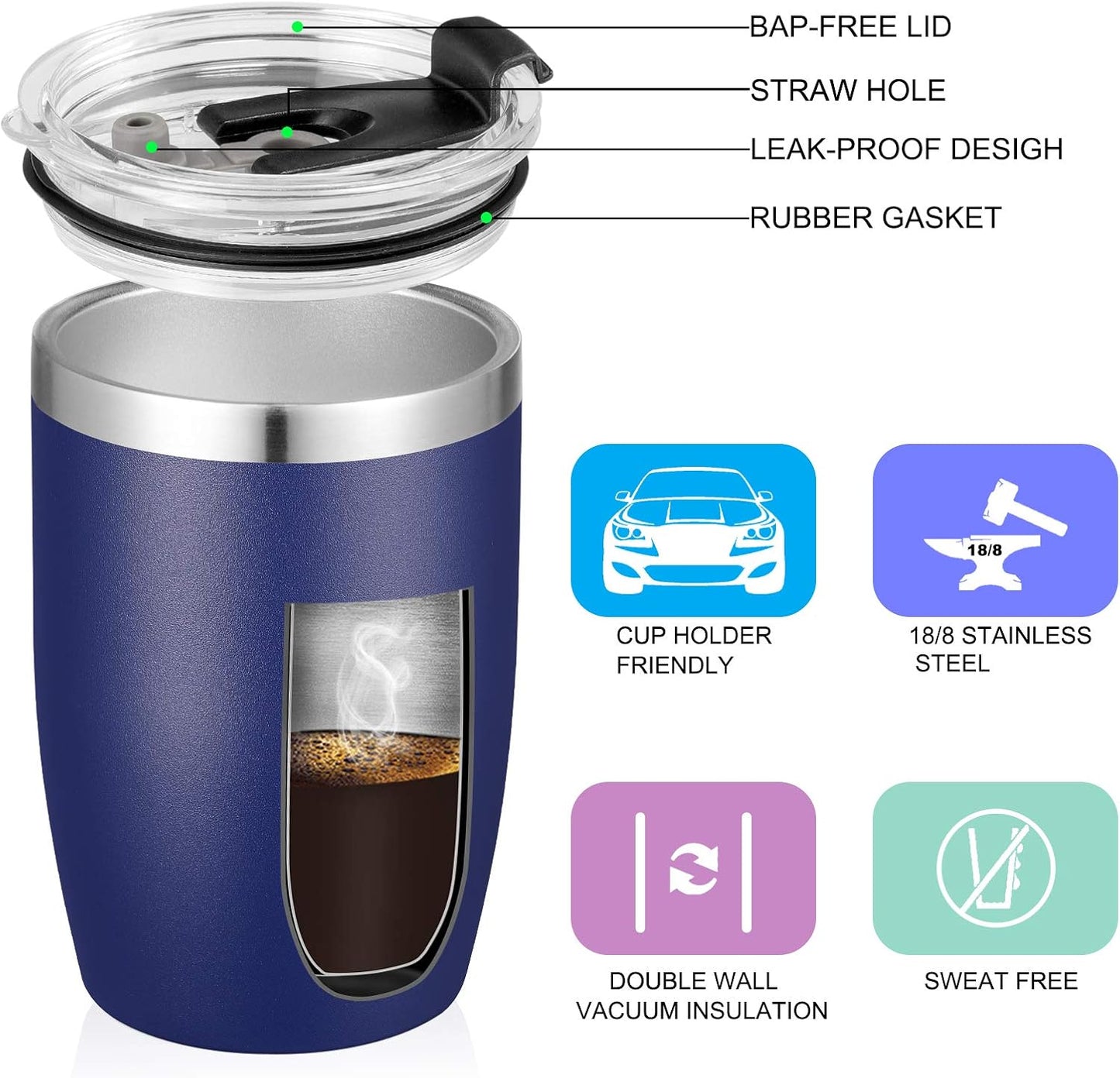 VEGOND Stainless Steel 12 oz Tumblers bulk Vacuum Insulated Double Wall Travel Tumbler with Lid and Straw Reusable Tumbler, Navy Blue 1 Pack