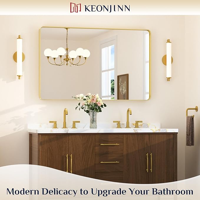 Keonjinn Brushed Gold Bathroom Mirror 48 x 30 Inch Large Rounded Rectangle - Image 2