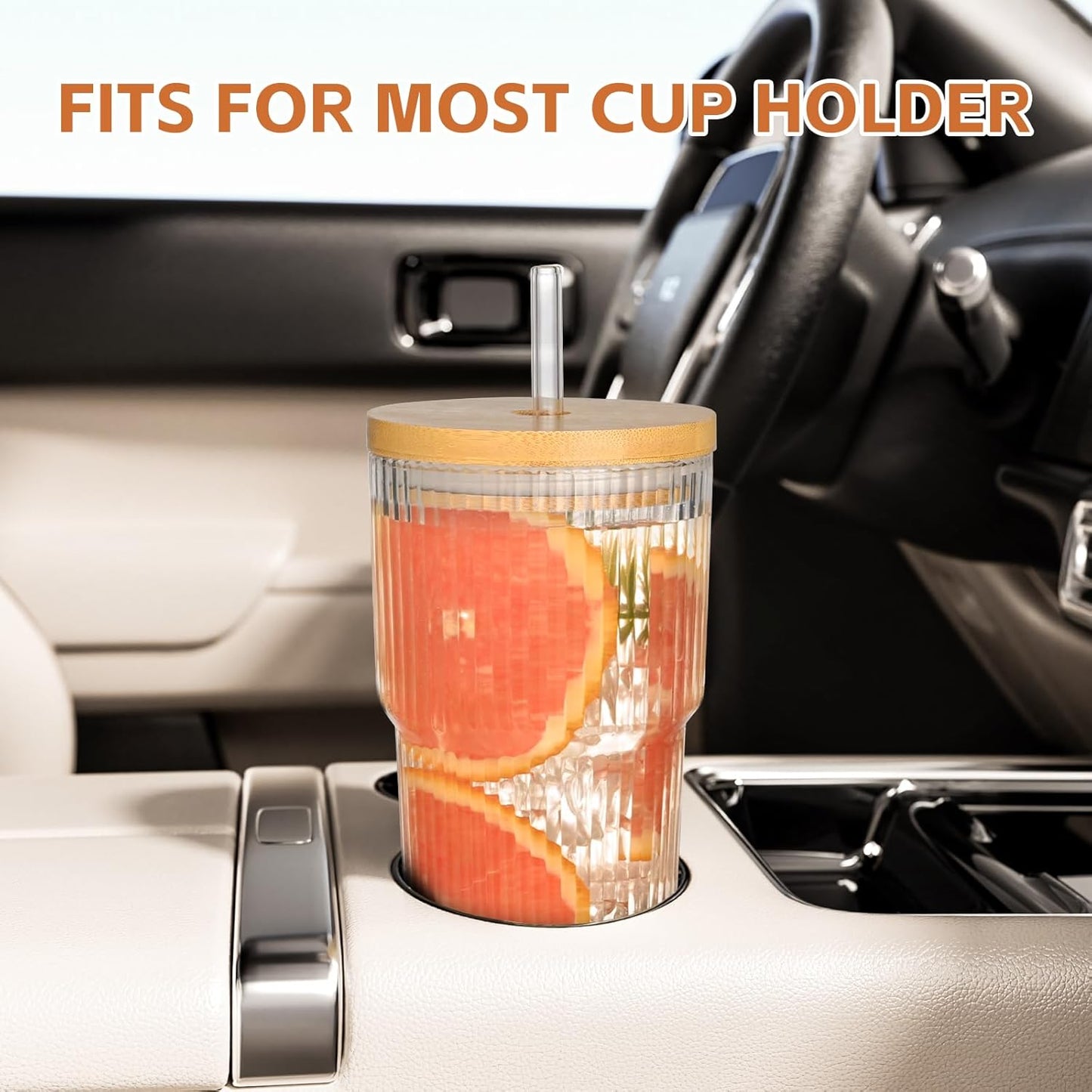 20oz Glass Cups with Lids and Straws,2PCS Ribbed Glass Coffee Cups,Iced Coffee Cups with Lid,Vintage Bamboo Tumbler for Juice,Smoothies