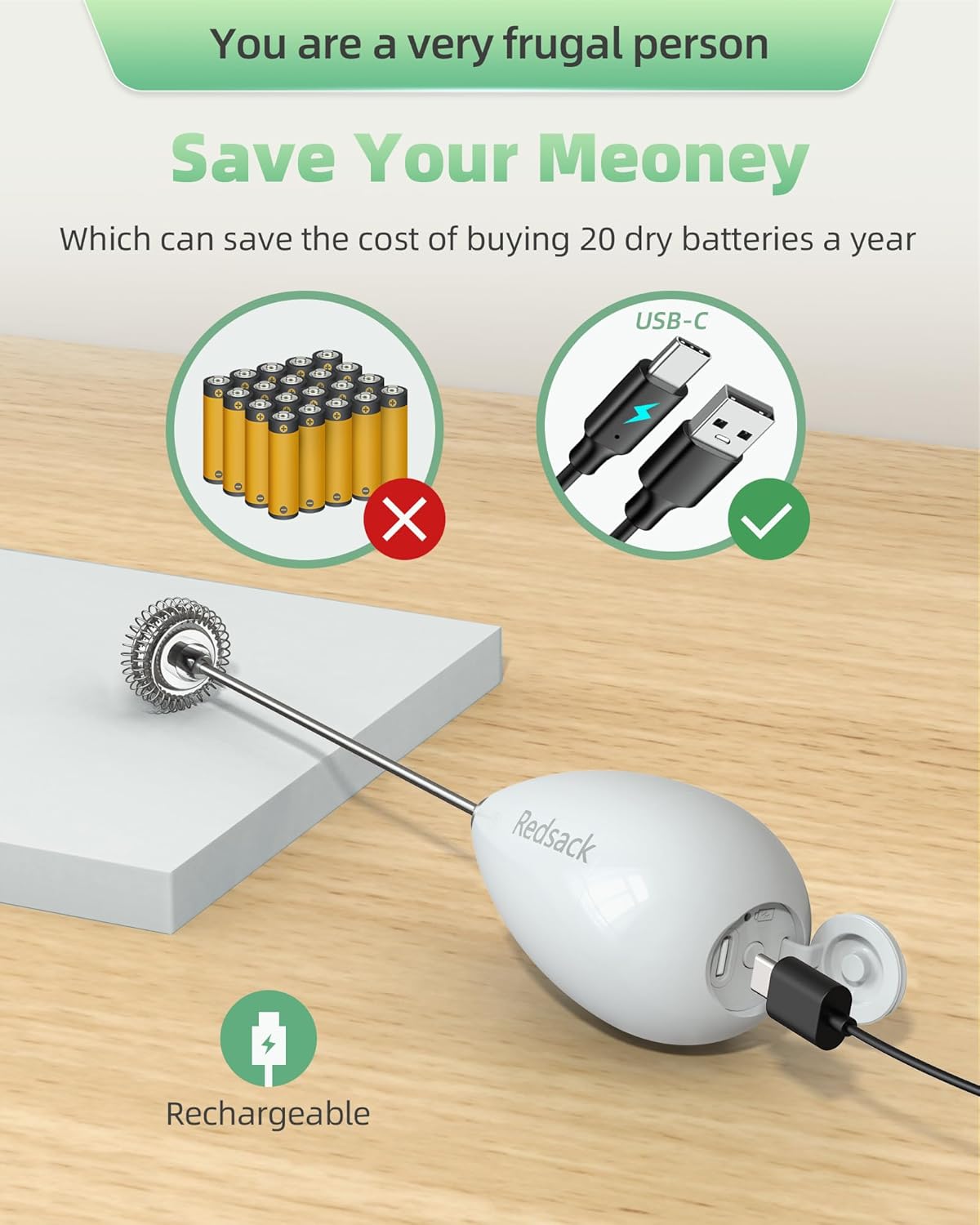 Rechargeable Milk Frother Handheld, Travel Portable Frother Wand for Coffee, USB C Electric Whisk with Stand & Case, Waterproof Hand Drink Mixer for Lattes, Cappuccino, Matcha, Egg (White)