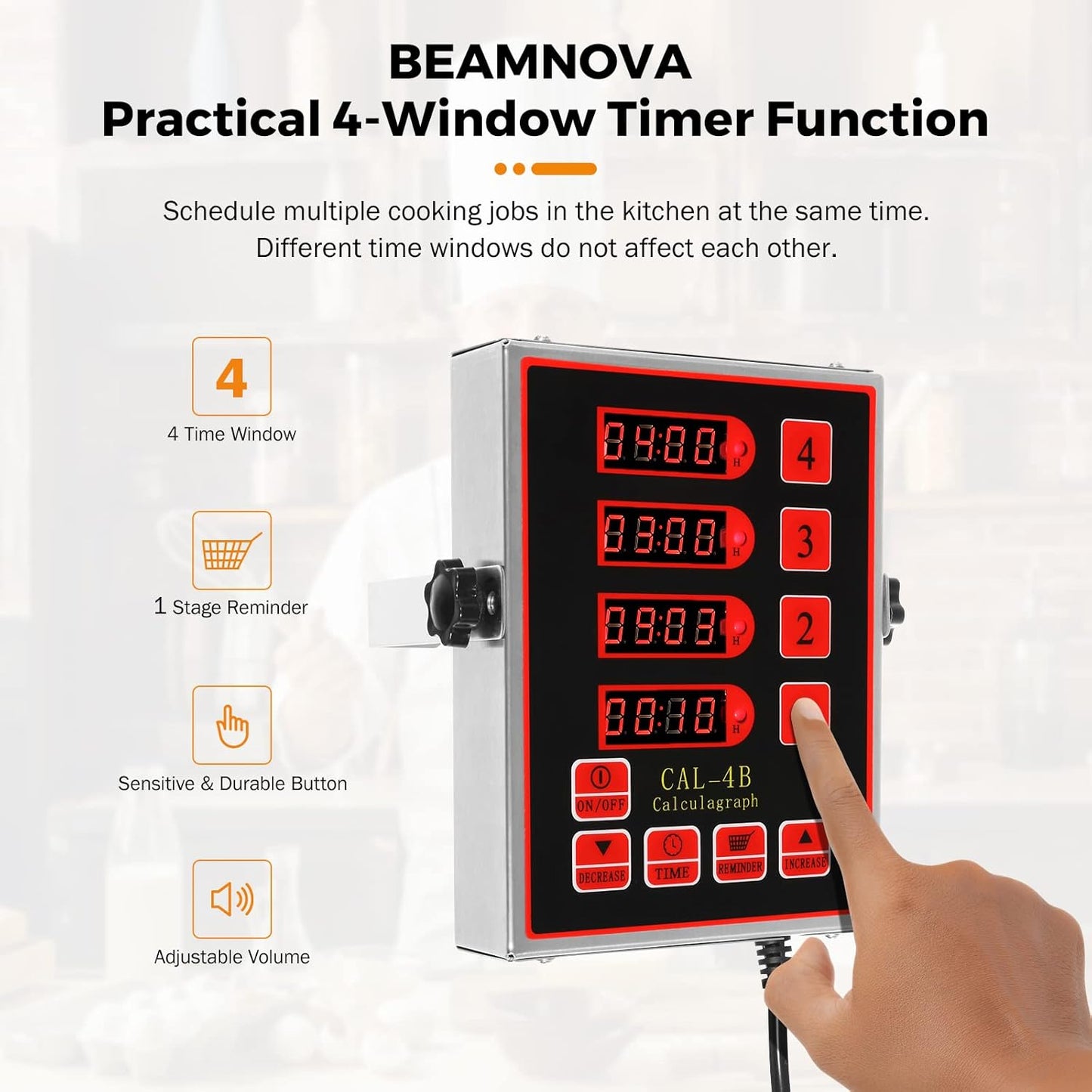 BEAMNOVA 4 Channel Digital Kitchen Timer Cooking Loud Alarm Stainless Steel Clock Hours and Minutes Seconds Volume Control Electronic Calculator