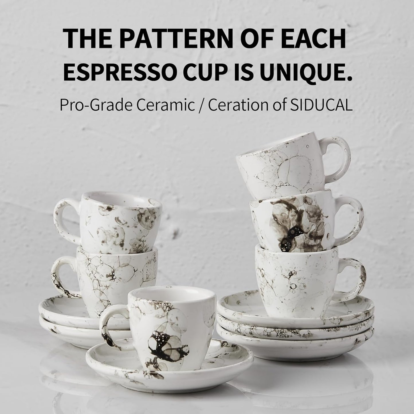 SIDUCAL Espresso Cups Set of 6,2 Ounce Ceramic Coffee Cups with Saucers,Porcelain Double Espresso Shot Cup Set,Gift Box for Boyfriend Gift(White)