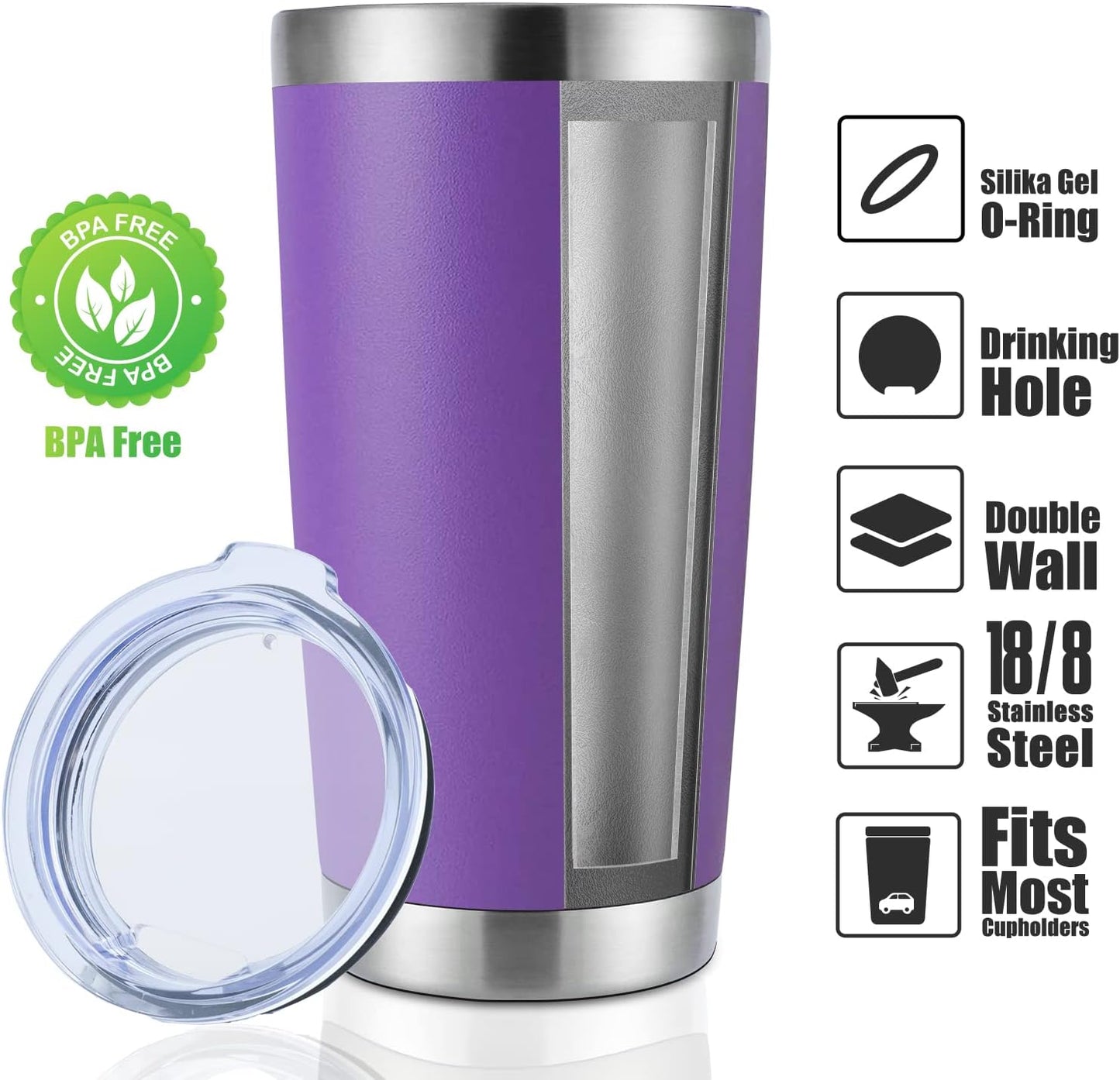DOMICARE 20oz Stainless Steel Tumbler Bulk with Lid, Double Wall Vacuum Insulated Travel Mug, Powder Coated Coffee Cup (Powder Purple, 12)