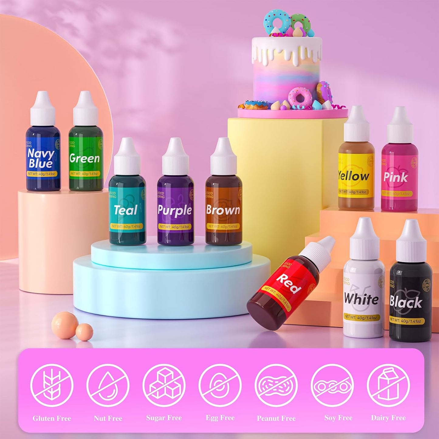 Gel Food Coloring for Cake Decorating - 40g Concentrated Assorted Edible Colors - Vibrant Tasteless Food Dye Professional-Grade Dye for Easter Eggs Fondant Cookies Frosting Royal Icing Baking - White