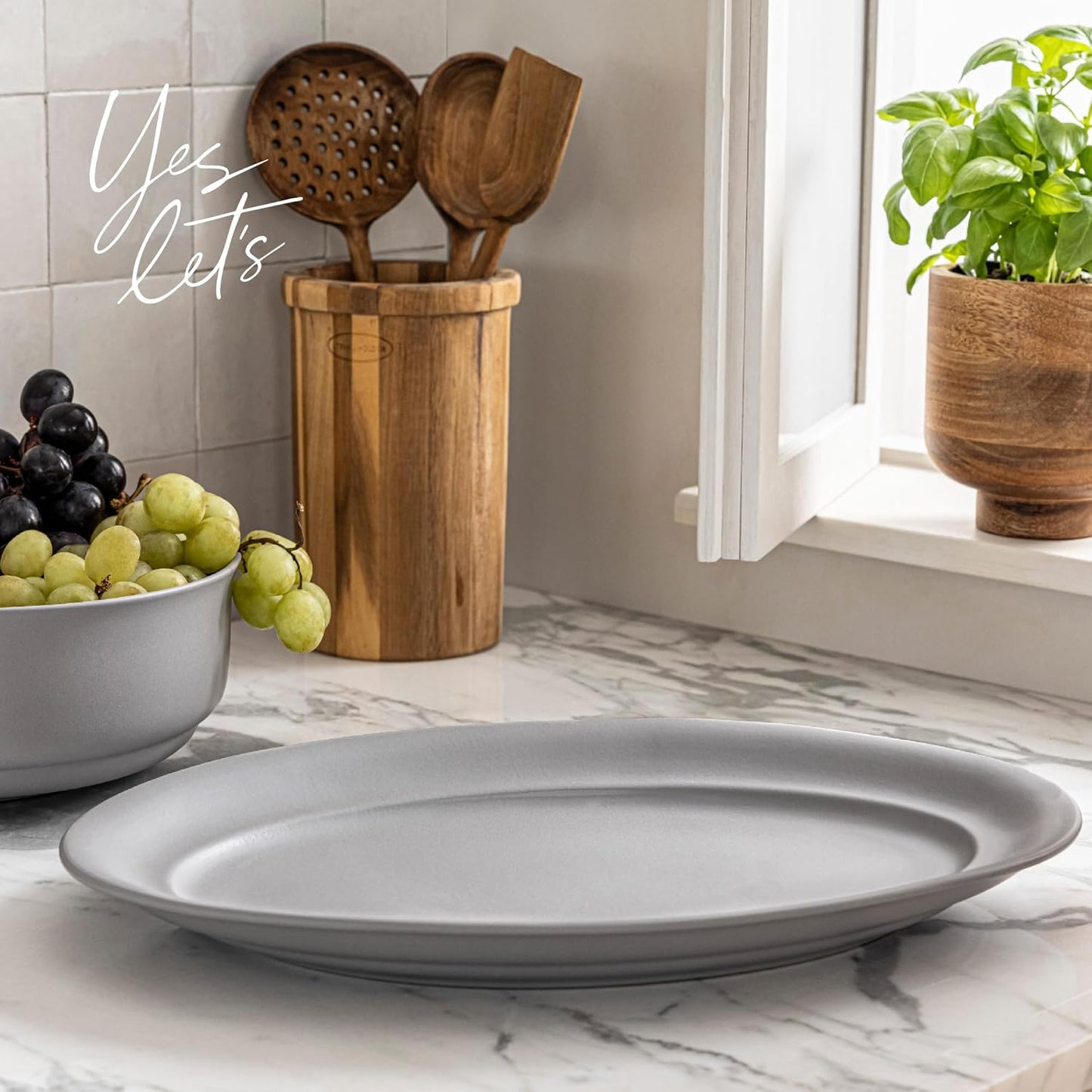 over&back Rim Stoneware Serving Platter - Elegant 1-Piece Oval Serving Platter to Complete Your Kitchen Set - 16" L x 10.8" W Semi-Matte Charcoal