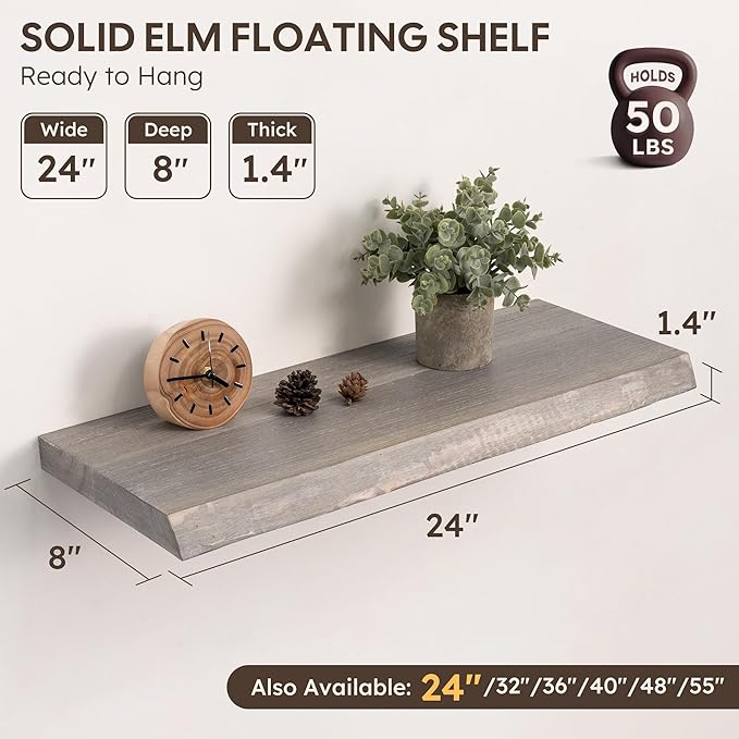 Live Edge Floating Shelves Set of 2, 24 Inch Solid Elm Wood Wall Shelves - Image 3
