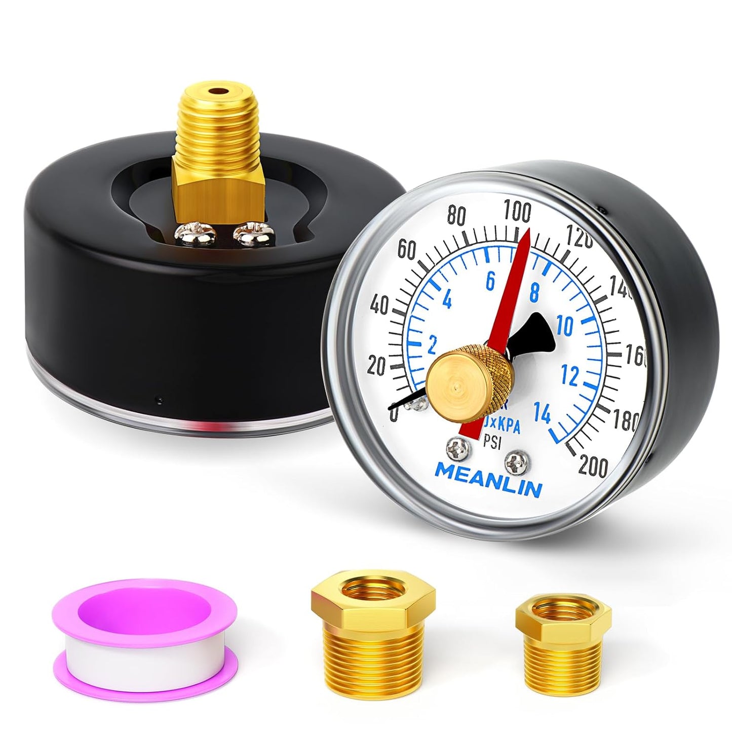 MEANLIN MEASURE 0-200Psi 2" DIAL FACE 1/4" NPT Well Pump Pressure Gauge with 1/2" NPT and 3/8" NPT Adaptor, 3-2-3% Accuracy,with Red Pointer Center Back Mount