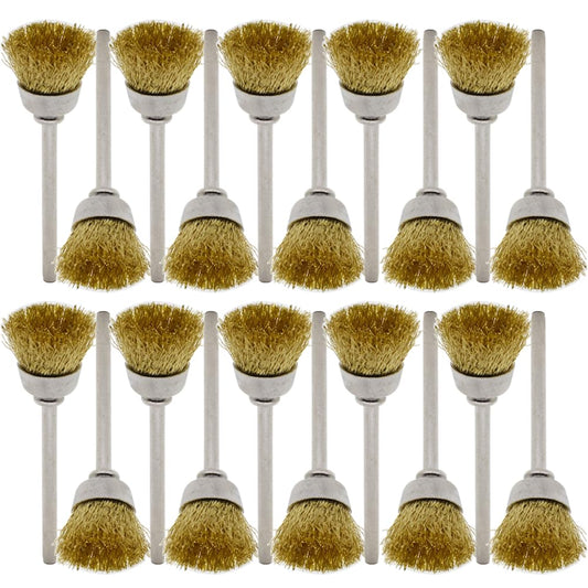 20PCS Brass Wire Brushes - Metal Rust Removal, Cleaning, and Polishing - 15mm Diameter, 1/8″ (3mm) Shaft - Removes Burrs, Dust, and Oxide Layer - Handles Rough Surfaces - Rotary Tool Accessories