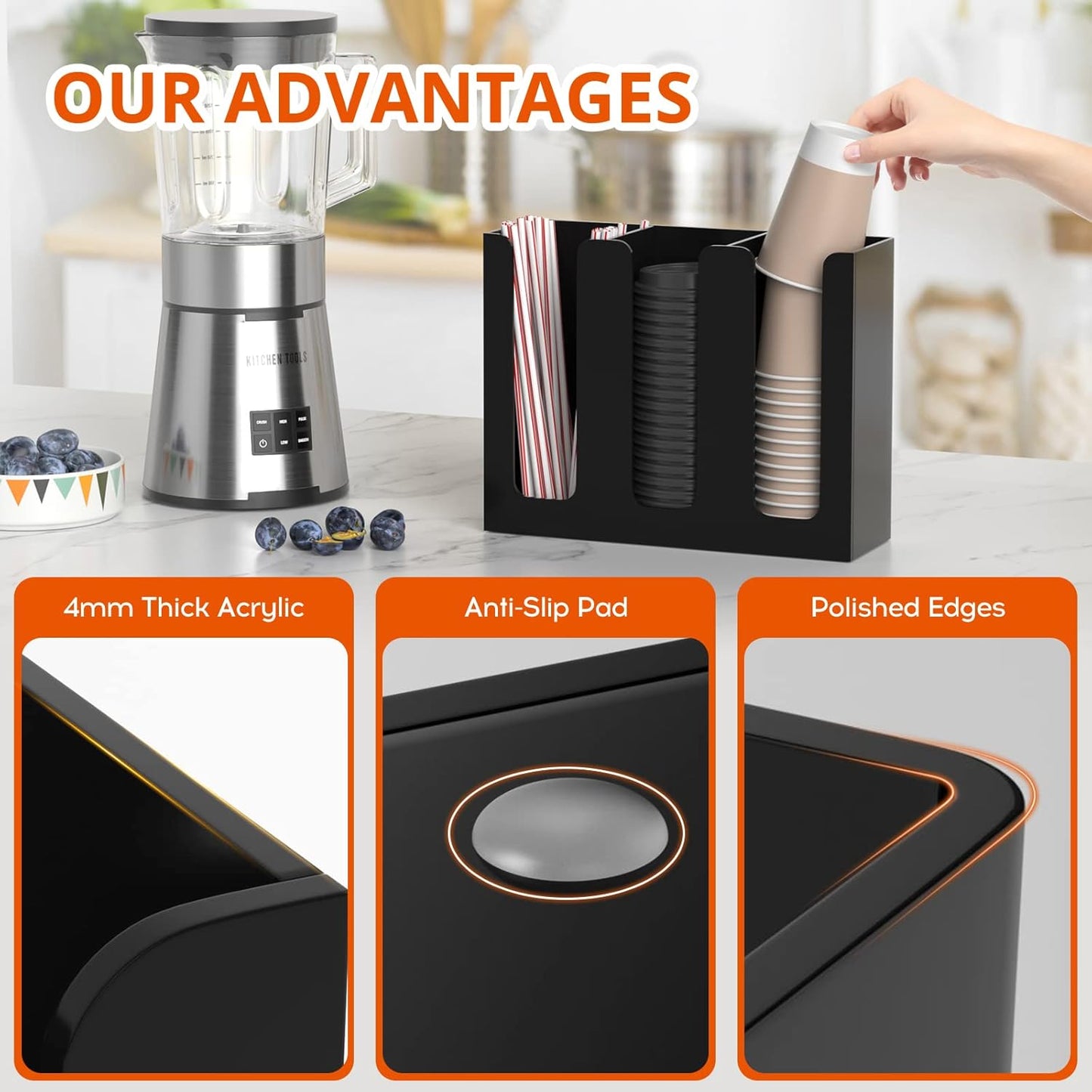 Richboom Acrylic Coffee Cup and Lid Storage Organizer Holder, 3 Compartments, Black