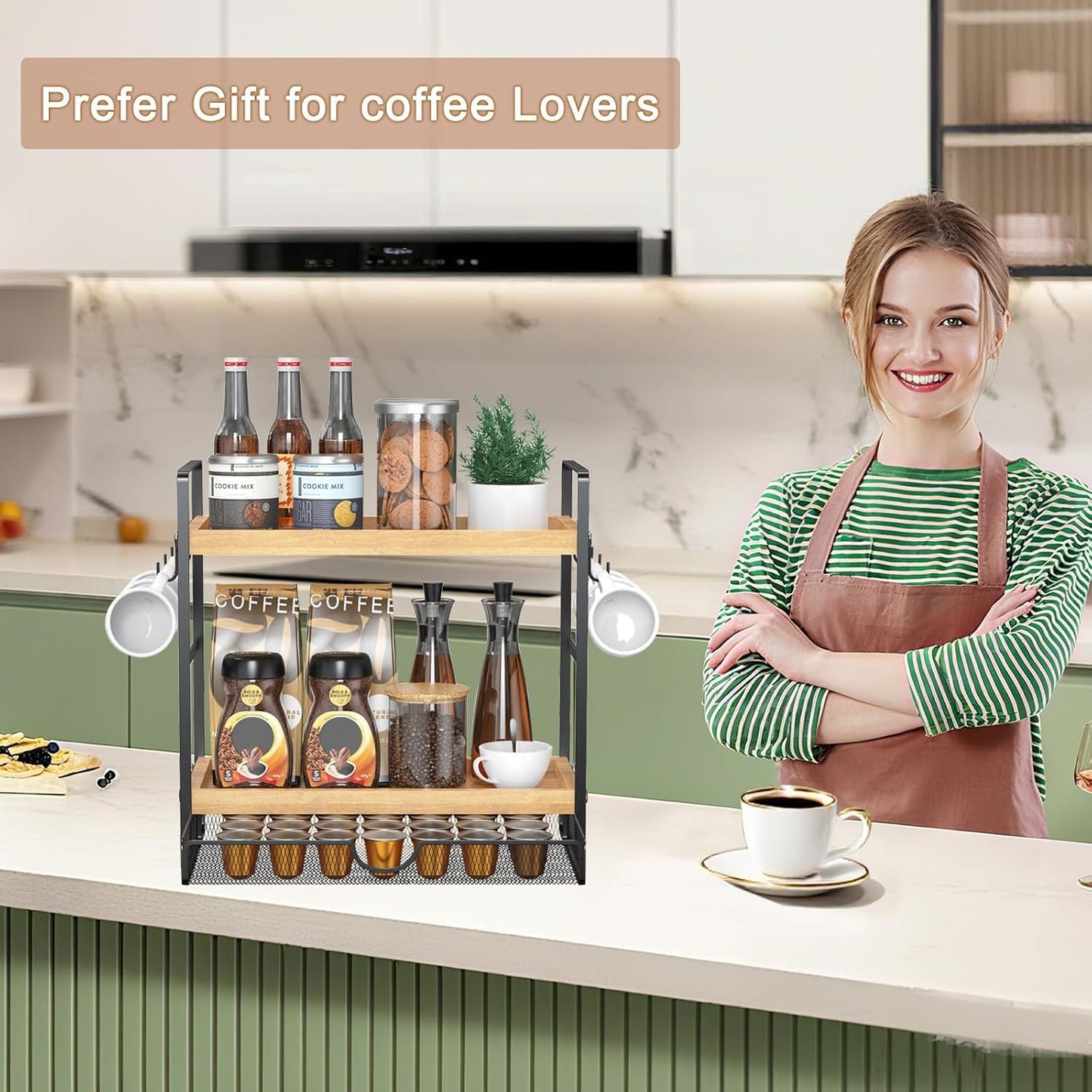 LEMIKKLE 2-Tier Coffee Station Organizer with Pod Holder and Drawer, Kitchen Countertop Organizer, Coffee Bar Accessories Station with Coffee Pod Storage, Coffee Organizer