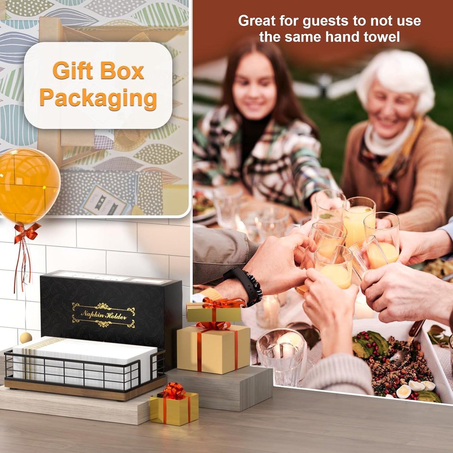 Wican Guest Towel Holder Tray for Bathroom, Oak and Iron Napkins Holder for Powder Room Dinning Table Wooden Basket for Disposable Paper Hand Towels Black and Brown