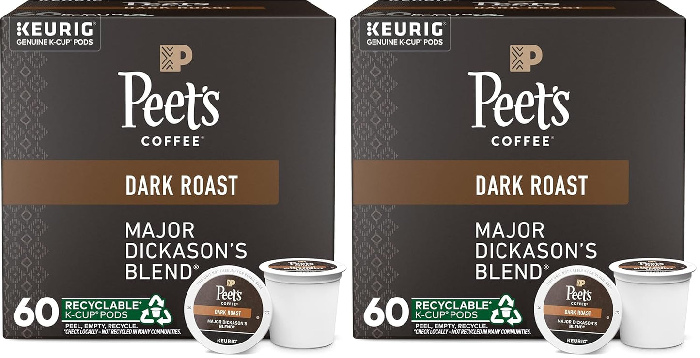 Peet's Coffee, Dark Roast K-Cup Pods for Keurig Brewers - Major Dickason's Blend 60 Count (6 Boxes of 10 K-Cup Pods) (Pack of 2)