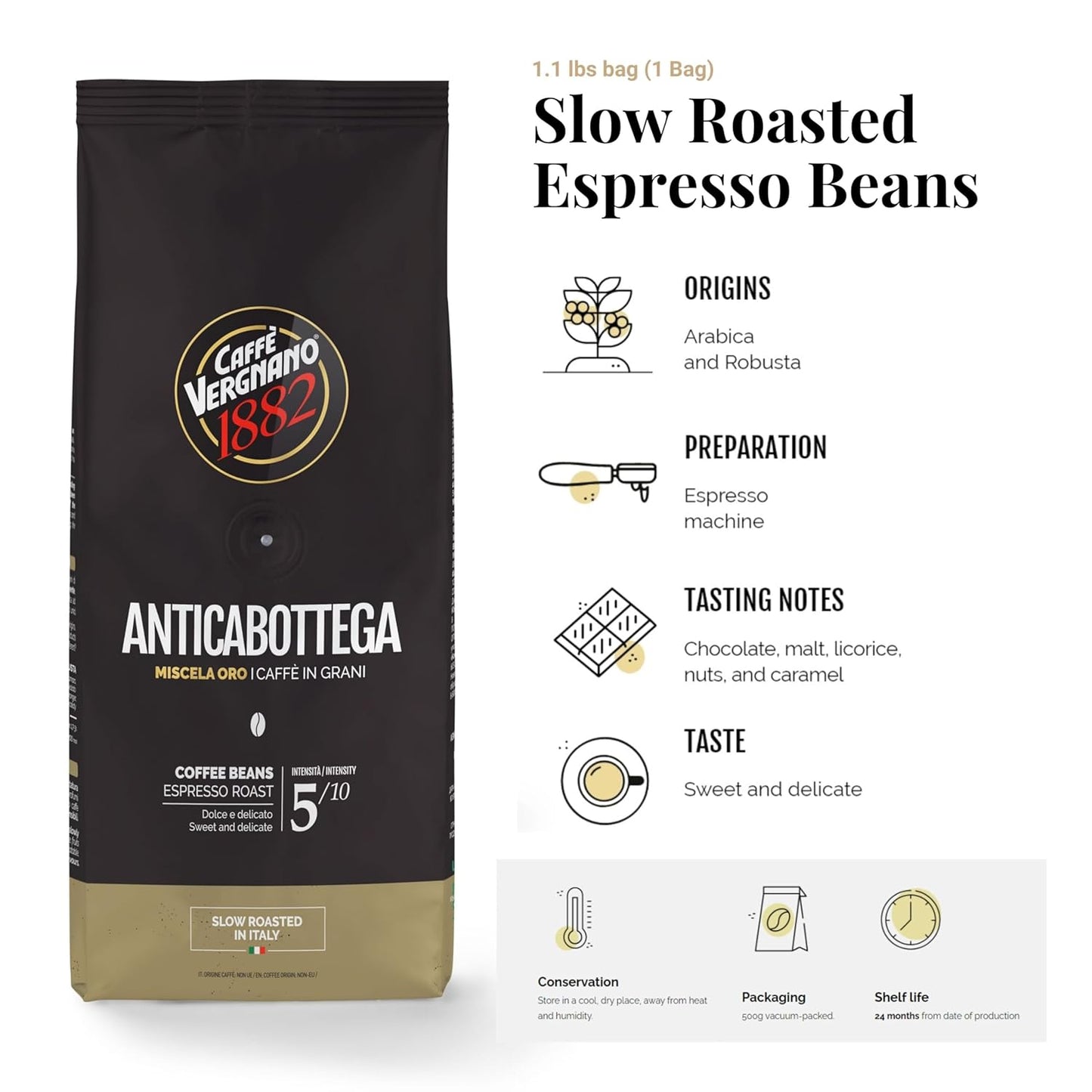 Caffe Vergnano 1882 Granaroma, Espresso, & Antica Bottega Whole Bean Arabica Medium Espresso Roast Coffee, 1.1lbs Bag - Italian Coffee Beans -500g Bag (3 Pk)